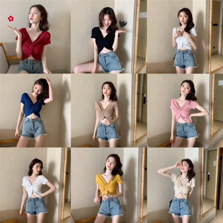 Áo thun croptop dệt kim ngắn tay kiểu đắp chéo cổ chữ V màu trơn cá tính cho nữ Xịn *