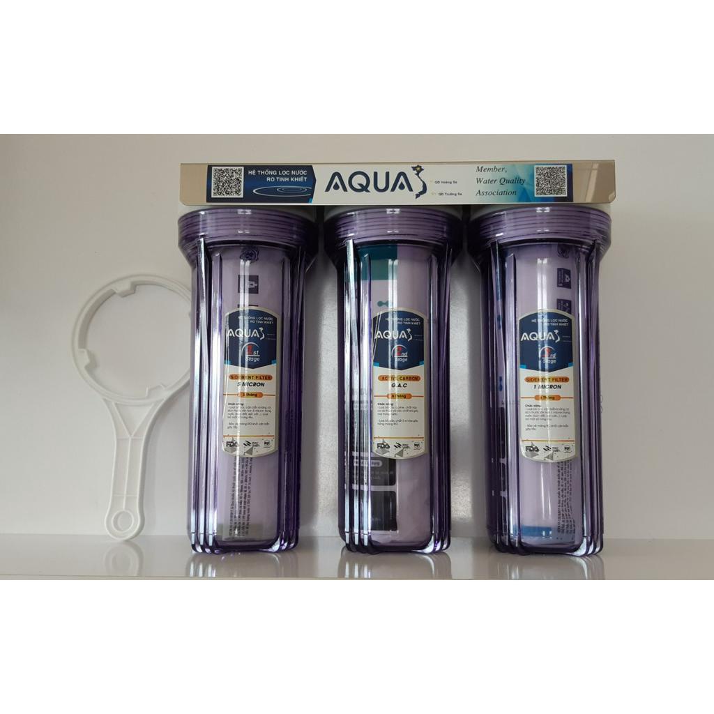 Bộ lọc sinh hoạt 10 inch 3 cốc trong aqua đầy đủ lõi và tay mở