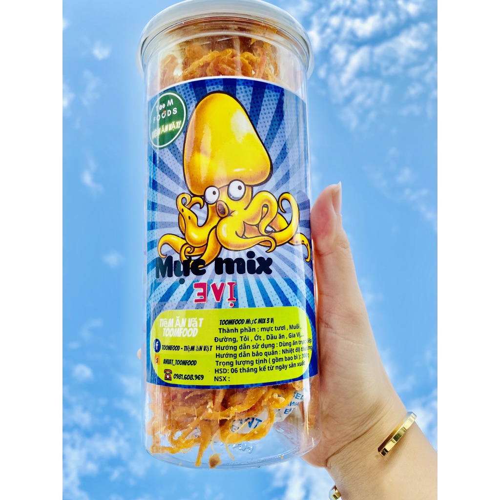 Khô Mực Mix 3 vị-Mực hấp nước dừa - Mực khô bơ tỏi - Mực Sốt tomyum -loại ngon, hũ pet 300g - ToomFood Tiệm Đồ Ăn Vặt