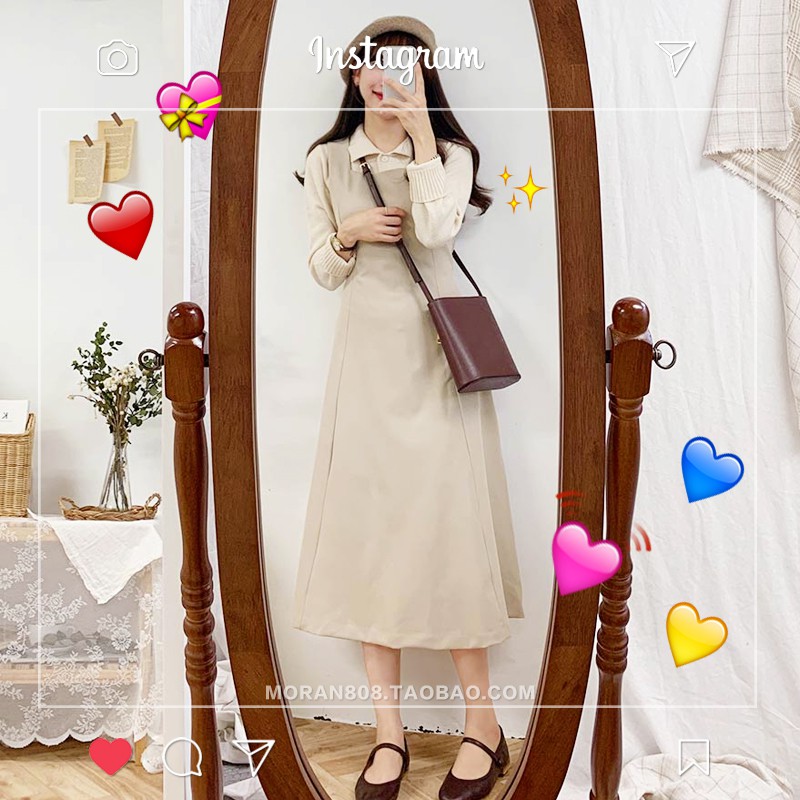 (ORDER) Váy yếm mùa thu dáng dài Vintage MORAN Hàn Quốc Kèm ảnh thật