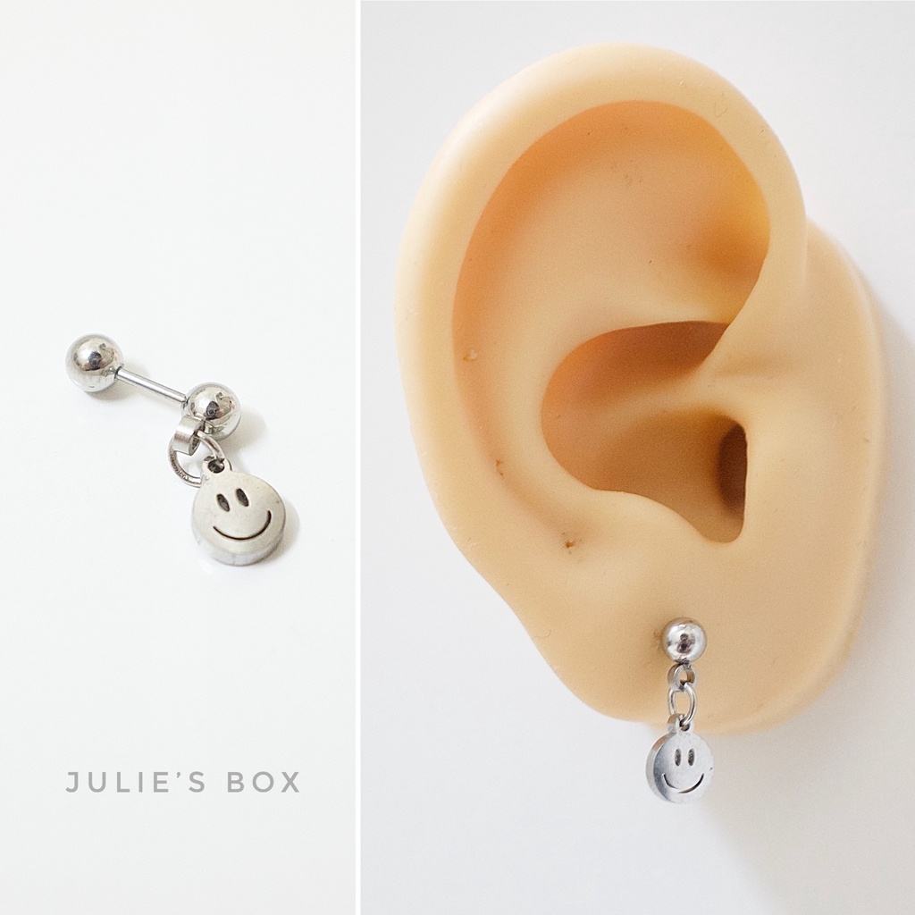 [1 Chiếc] Khuyên Tai Titan Unisex Có Charm Mặt Cười Smiley Face Bi Tròn Không Gỉ Sét Không Ngứa Bông Tai Julies Box 66