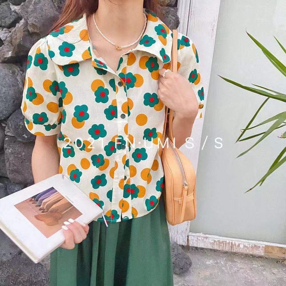 Áo Sơ Mi Nữ Tay Phồng Ngắn Tay Công Sở Dáng Rộng Vintage Họa Tiết Hoa Mùa Hè DK9T501