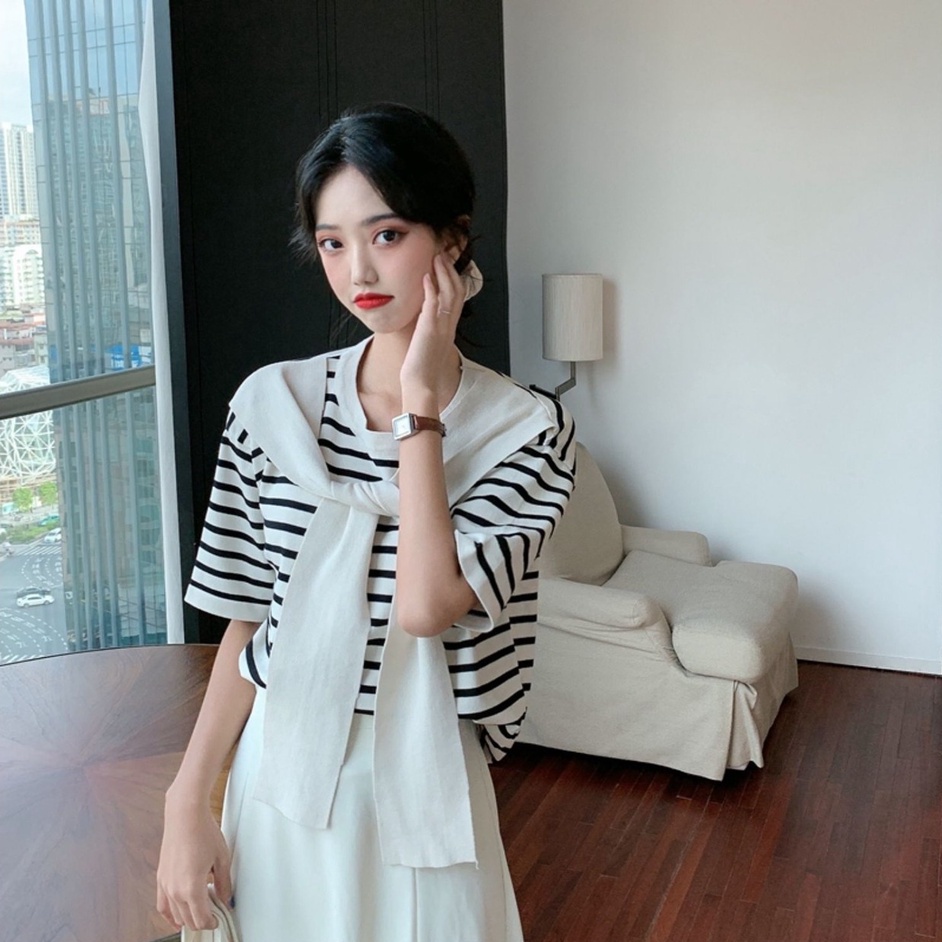 Áo thun tay ngắn ZHELIHANGFEI giả hai lớp họa tiết kẻ sọc thời trang độc đáo