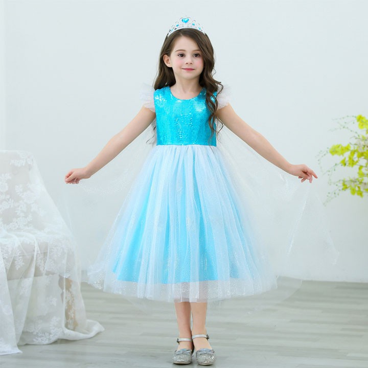 Váy công chúa Elsa màu xanh, kèm tà, mẫu mới nhất siêu lung linh cho bé 3-10 tuổi