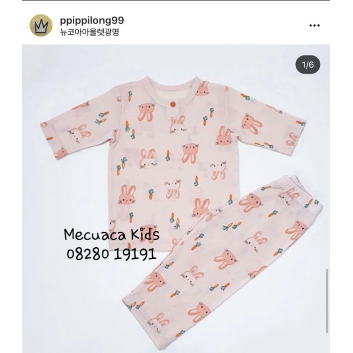 Bộ lửng tay lỡ quần ngố thun co giãn Ppippilong màu hồng cam hình thỏ cà rốt cho bé gái xuất Hàn dư xịn