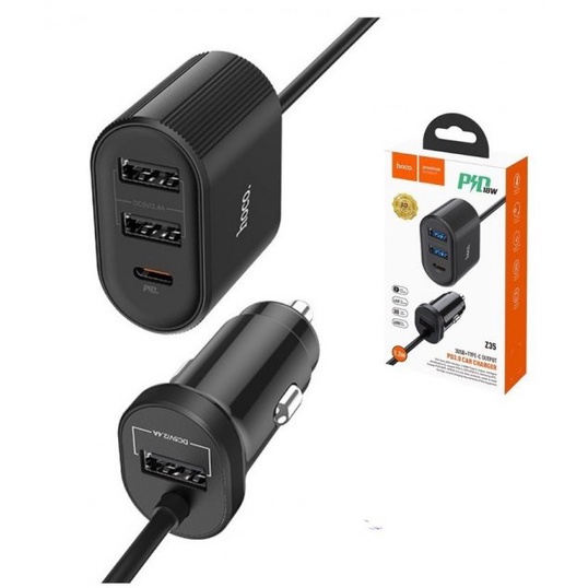 Tẩu sạc Hoco Z35 PD18W có 3 cổng USB+Type-C kèm dây sạc nhanh 1.2m kết hợp đèn Led dành cho xe o tô