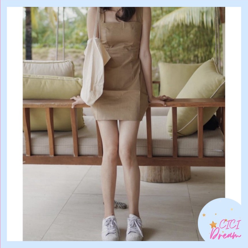 Váy ngắn cổ vuông body 2 dây bản to dáng ôm có lưng chun siêu hot, Đầm hai dây ngắn ôm body cổ vuông đi biển