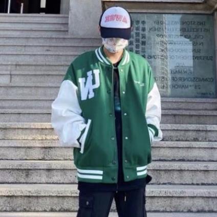Áo bomber form rộng phối tay da màu xanh lá chất dạ ép unisex nam nữ MB