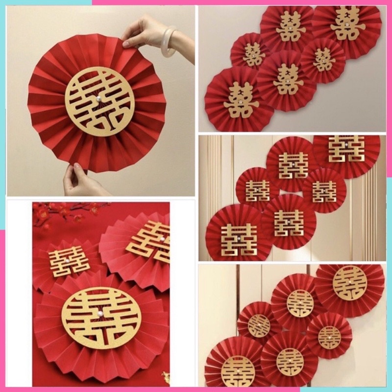 Set 6 quạt giấy đỏ đám cưới chữ hỷ party fans trang trí phòng cưới