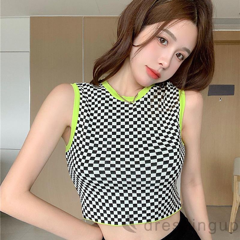 Áo croptop không tay cổ tròn họa tiết kẻ ô dành cho nữ