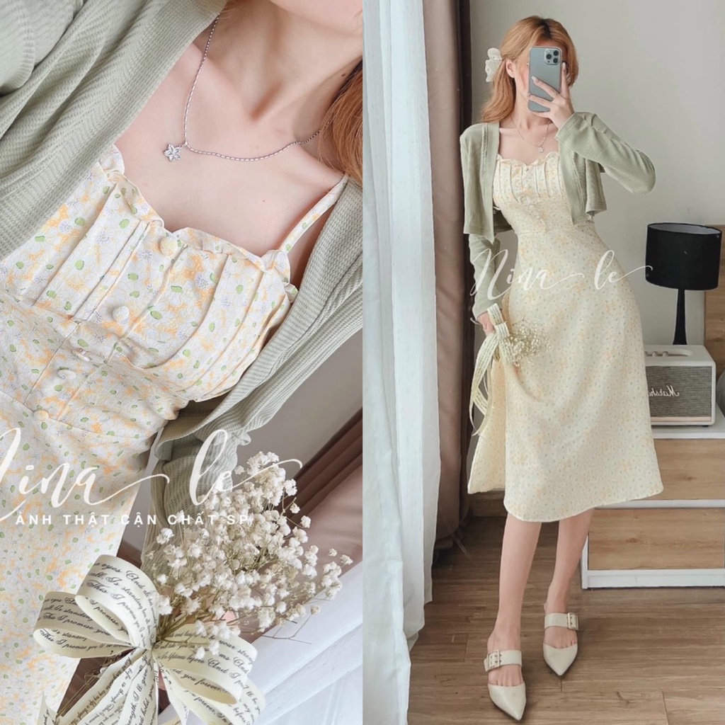 Set váy hoa nhí nữ 2 dây phối khoác ngoài tay dài xịn xò, sang chảnh cho nàng dạo phố