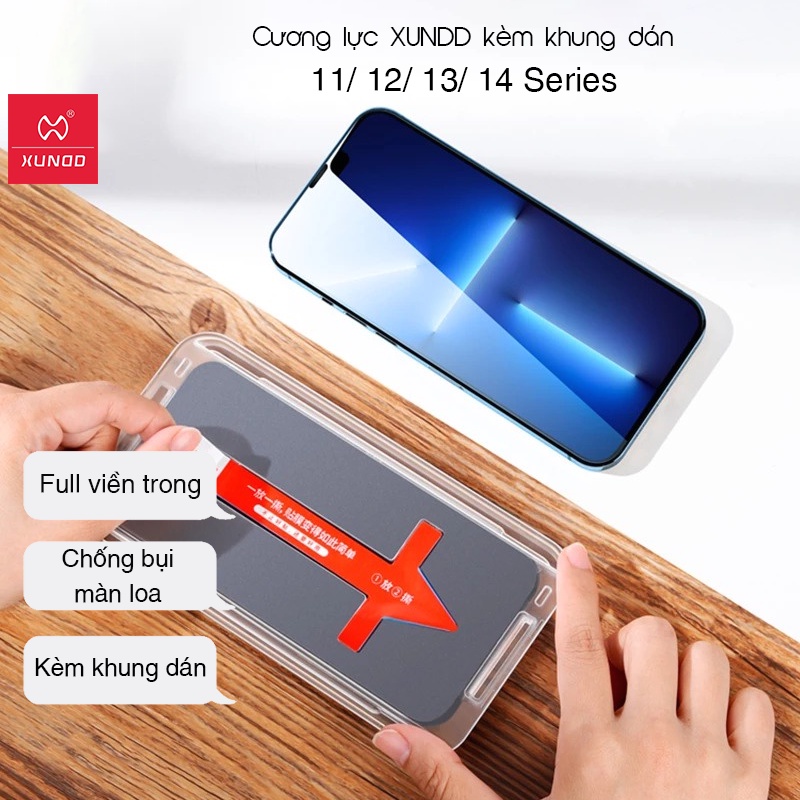 Cường Lực Kèm Khung Dán XUNDD iPhone 14/14 Plus/14 Pro/Max/13/13 Pro/Max/12/12 Pro/Max/11/11 Pro/Max -Chống bụi màng loa