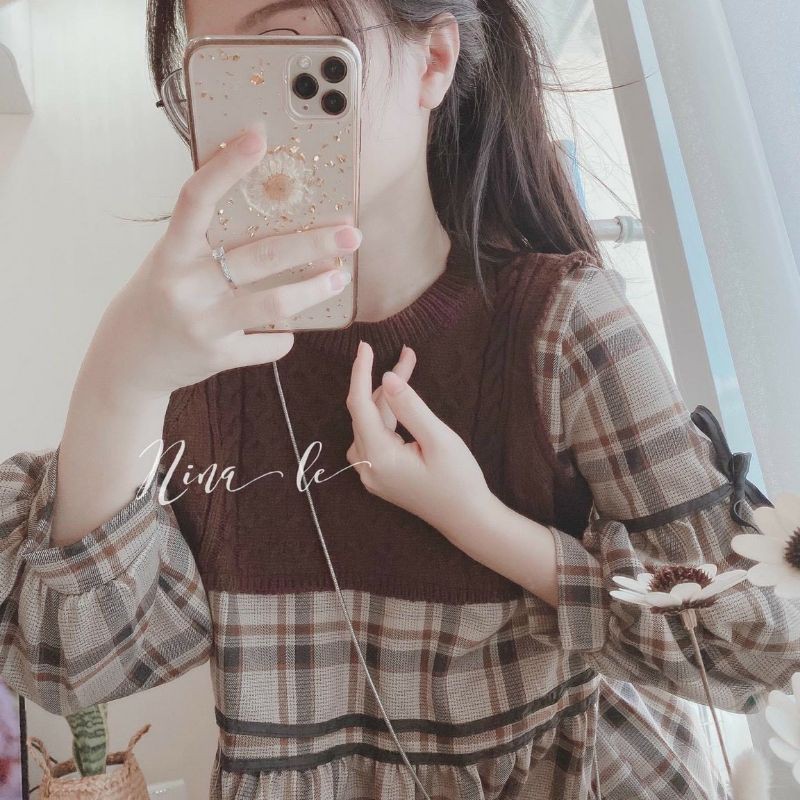 Áo babydoll caro phối len