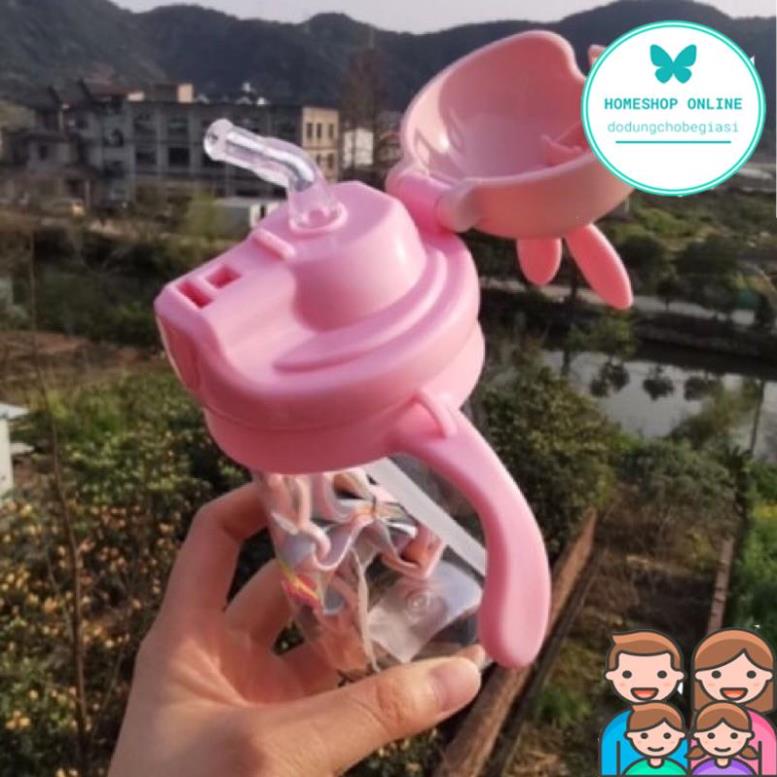 Bình tập uống nước tai thỏ có tay cầm có dây đeo siêu cute 280ml cho bé trai bé gái, bình nước ngôi sao bình thỏ