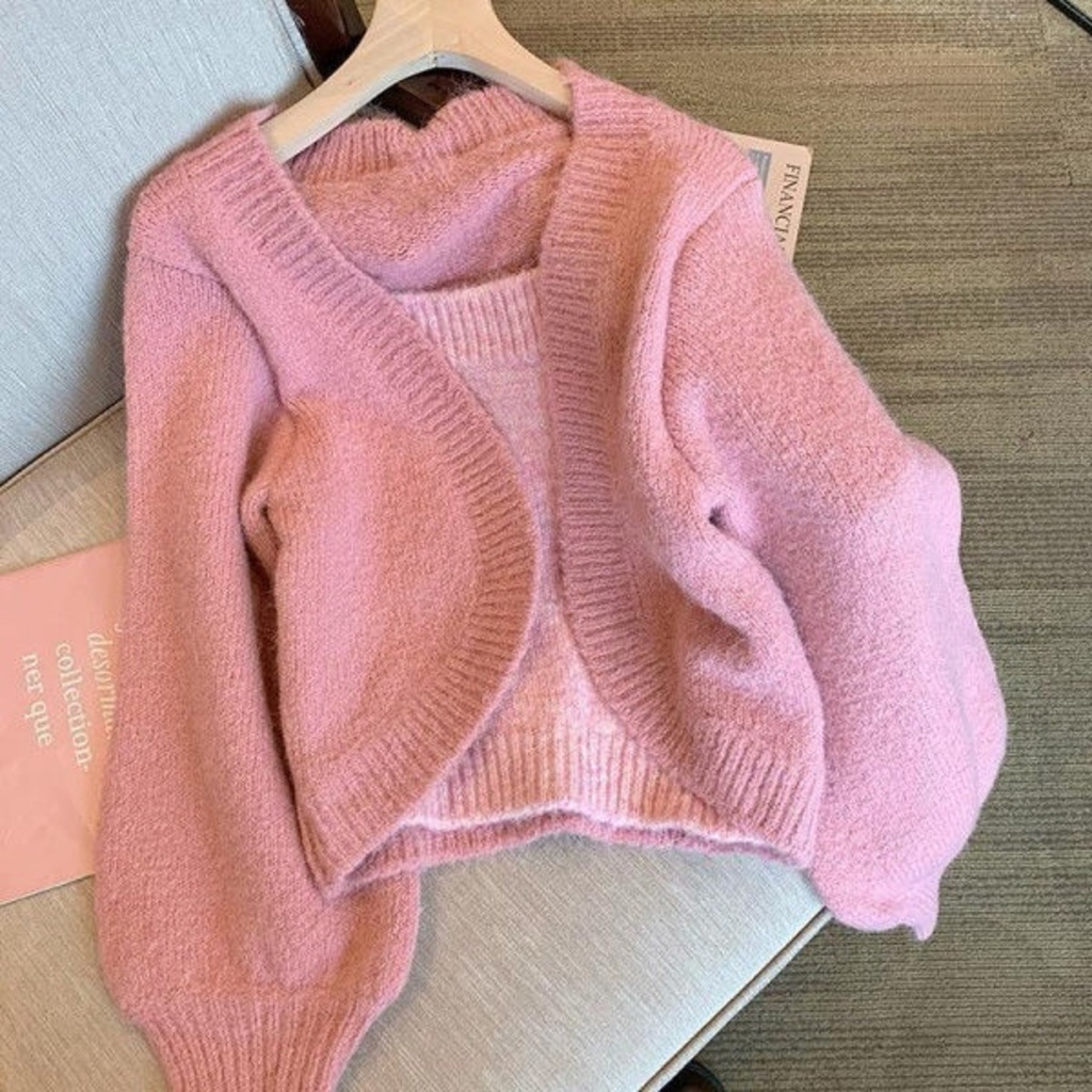 Áo Sweater Dệt Kim Giả Hai Lớp Dáng Ngắn Màu Hồng Thời Trang Thu Đông Hàng Mới