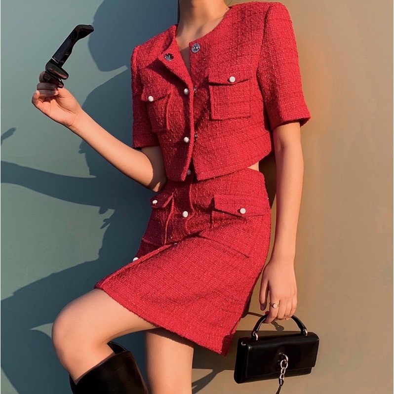 HBVEST122 - Áo khoác dạ tweed kẻ hồng/ HBZ303- Chân váy tweet hồng sen