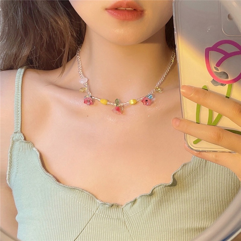 Vòng cổ Chuỗi Hạt Mặt Hoa Màu Hồng Thời Trang Mùa Hè