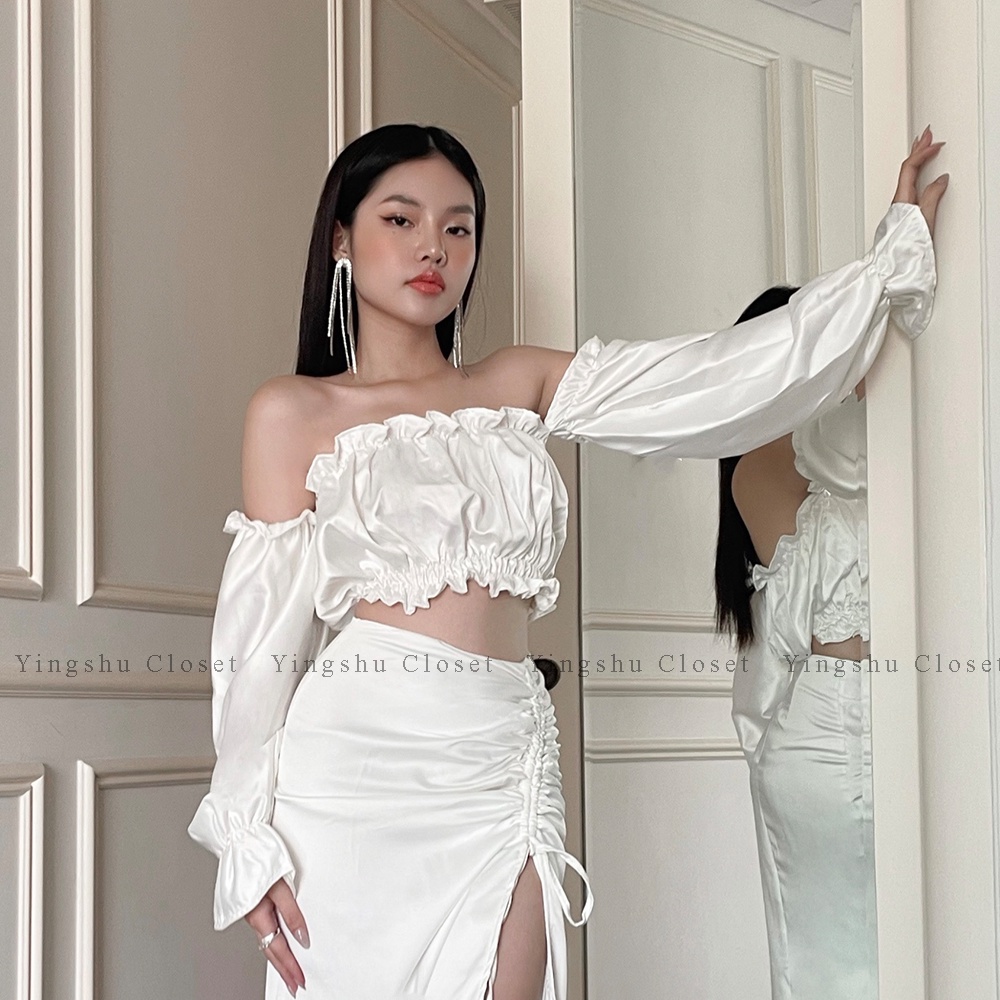 Áo croptop trắng cúp ngực tay dài