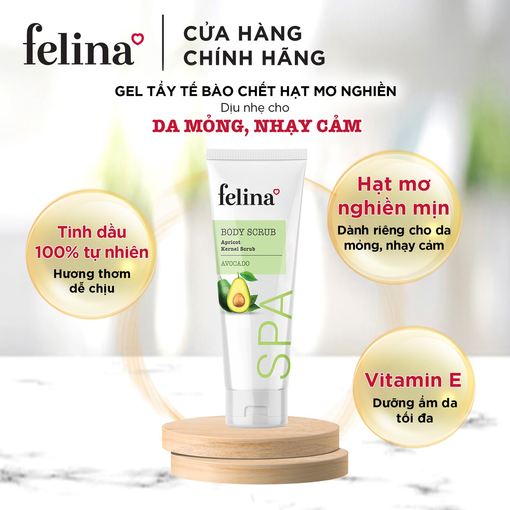 Combo 2 tuýp Gel Tắm Tẩy Tế Bào Chết body dạng Felina Home Spa từ hạt mơ nghiền 300ml/ tuýp cho da nhạy cảm