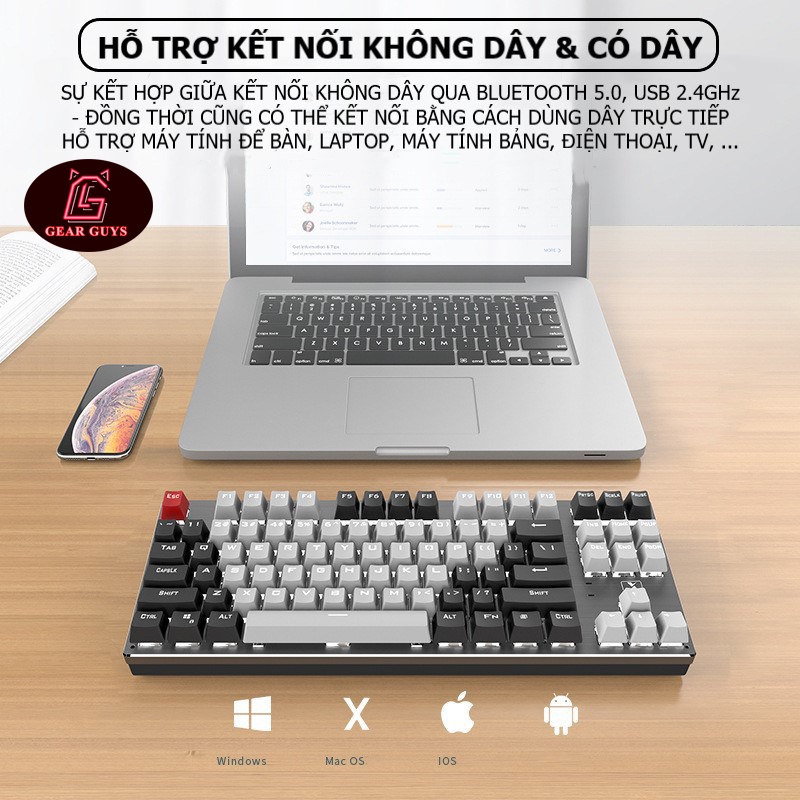 Bàn phím Cơ Bluetooth Không Dây XINMENG K950  Có Pin Sạc, LED Đẹp, Bàn phím Máy Tính PC Laptop, Máy Tính Bảng