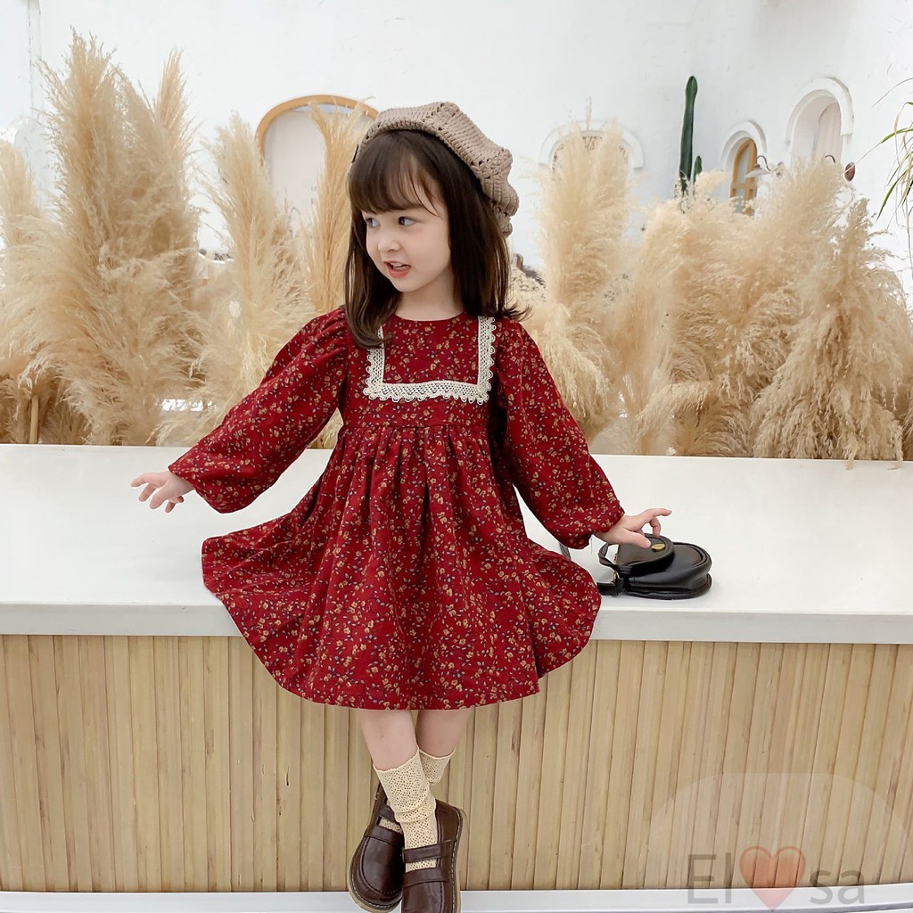 Váy cho bé - Váy thu hoa viền ren vuông bé gái QATE824