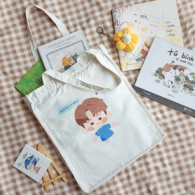 Túi tote vải canvas đeo vai vẽ chibi BTS, có nhận vẽ hình theo yêu cầu, màu acrylic bền, không trôi