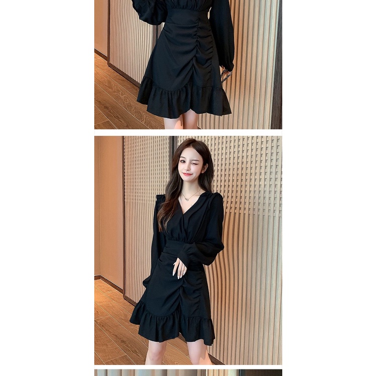 Đầm ôm eo màu đen phong cách Pháp thời trang mùa thu cho nữ