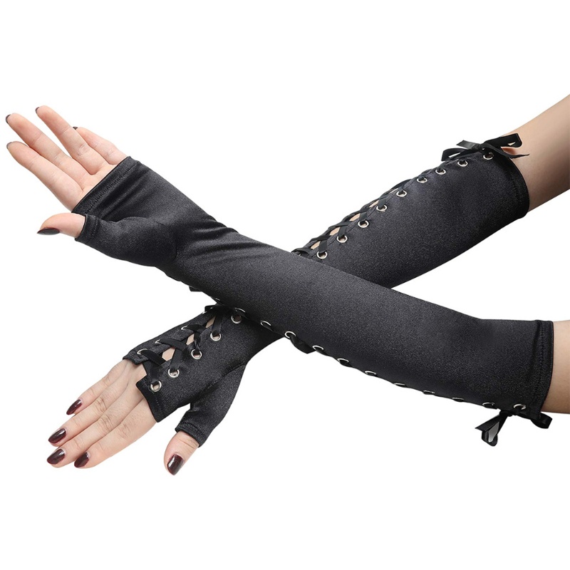 Găng Tay Hở Ngón Vải Satin Thắt Dây Phong Cách Steampunk