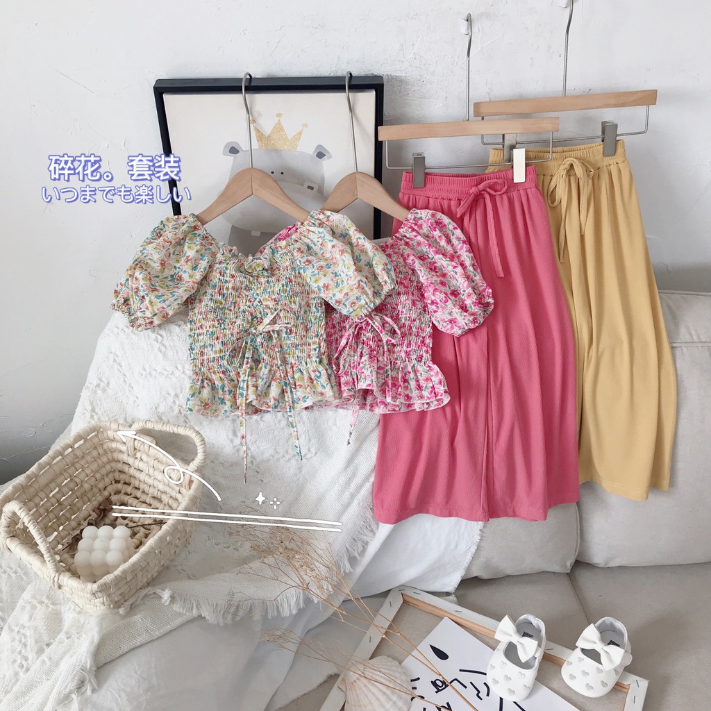Bộ Áo Trễ Vai In Hoa + Quần Ống Rộng Cho Bé Gái