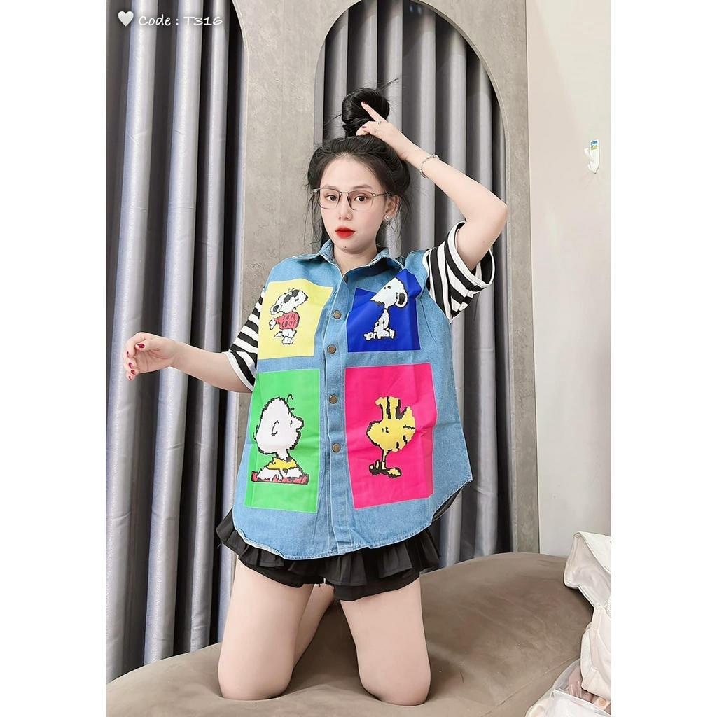 Áo sơ mi jean in ô vuông hoạt hình sọc tay
