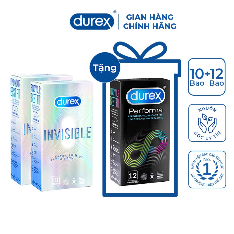 Bộ 2 hộp bao cao su Durex Invisible siêu mỏng (52mm, 10 bao/hộp) + 1 hộp Performa ...