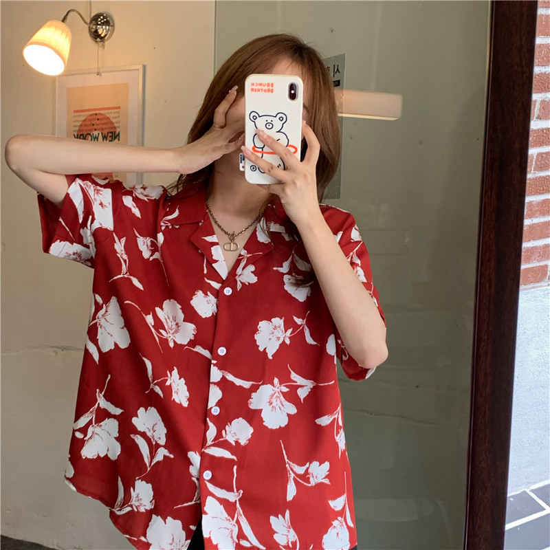 Áo Sơ Mi Tay Ngắn Chất Chiffon Hoạ Tiết Hoa Phong Cách Retro