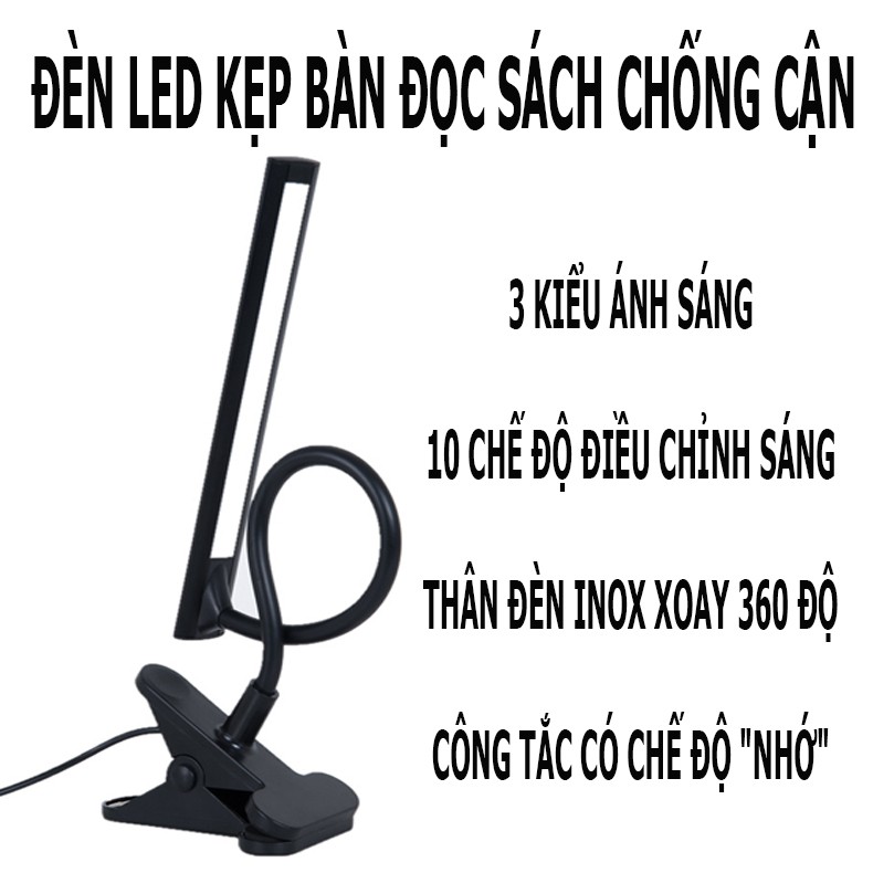 Đèn Bàn Học Đọc Sách, Làm Việc Kẹp Bàn; Thân Kim Loại Sang Trọng; 03 Mức Độ Ánh Sáng Vàng Bảo Vệ Mắt