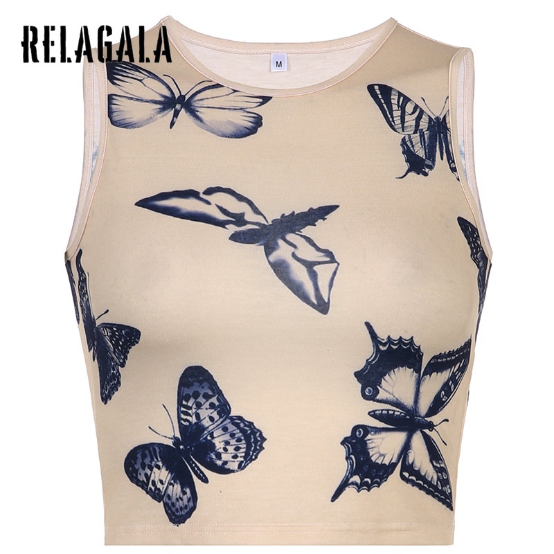 Relagala Áo Tank Top Không Tay Dệt Kim Ôm Dáng In Họa Tiết Bướm Gợi Cảm Cho Nữ