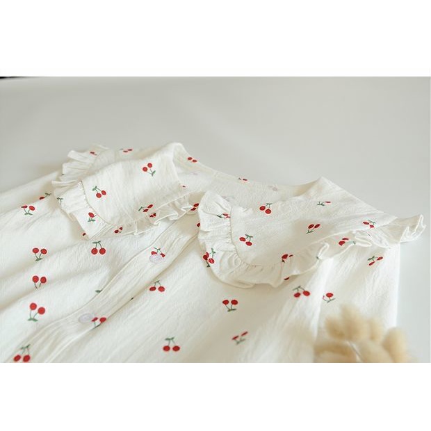 Áo Sơ Mi Tay Dài Cổ Búp Bê Họa Tiết Cherry Phong Cách Nhật Bản Mới
