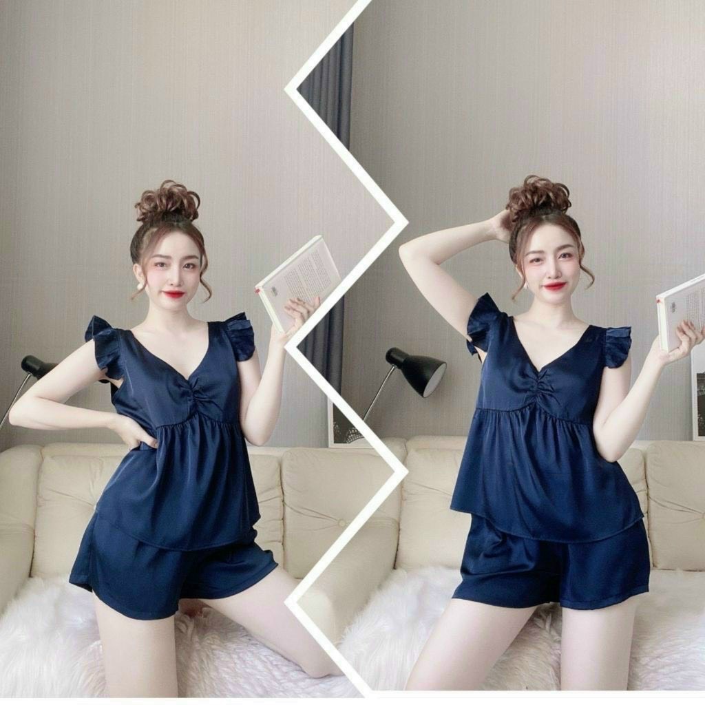 Đồ ngủ sexy nữ bộ gồm áo tay cánh tiên và quần đùi dễ thương chất satin siêu mềm mại thoáng mát freesize dưới 58kg