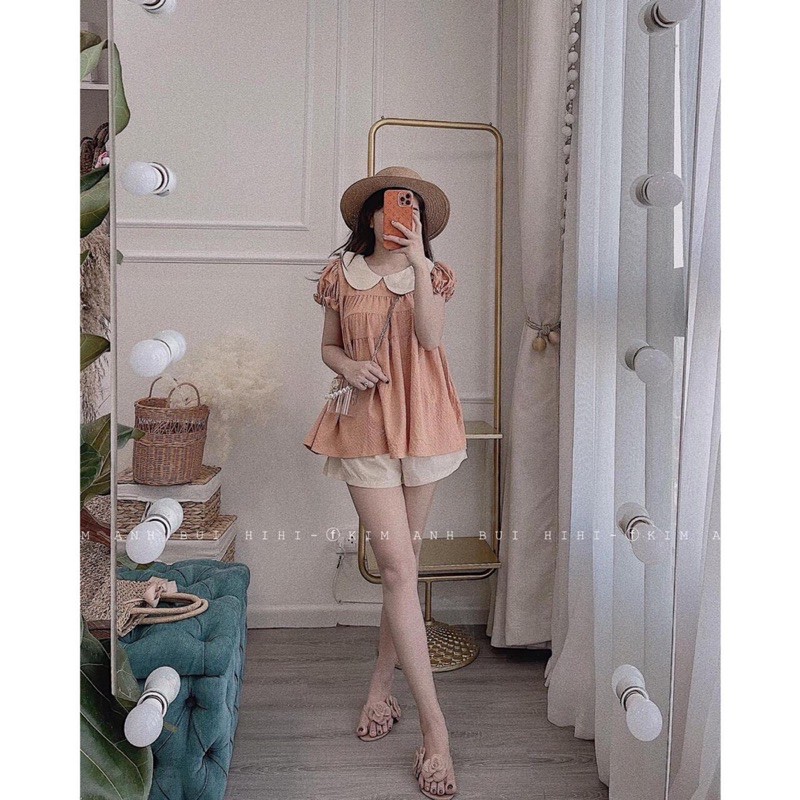 bộ babydoll cổ sen kèm quần sooc kem [072]