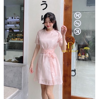 ĐẦM CỔ TRÒN THẮT EO CHÉO NƠ HOA BEO