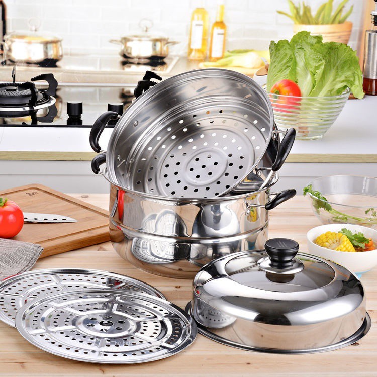 ♚❍Nồi hấp inox ba tầng dày dặn nhiều lớp gia dụng Bếp ga âm 3 đôi 2 chống cháy ' [ XẢ HÀNG ] * # " . `