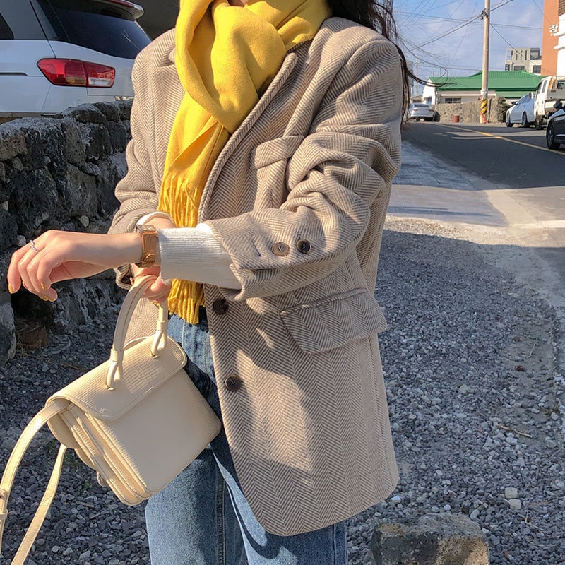[Spot] Áo Khoác Len Dáng Rộng Họa Tiết Xương Cá Phong Cách Đường Phố Hàn Quốc ins Cho Nữ