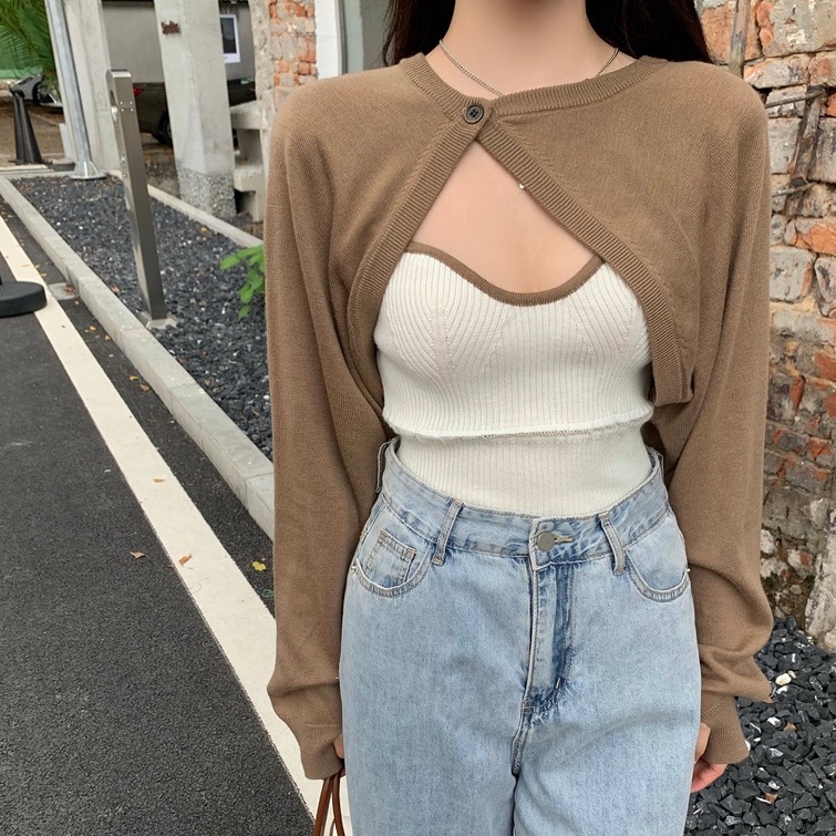 Set áo hai dây và áo choàng ZHELIHANGFEI dệt kim tay dài thiết kế độc đáo