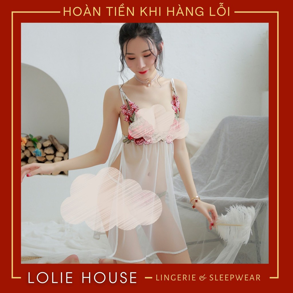 Váy ngủ 2 dây xuyên thấu - Set đầm ngủ sexy thêu hoa gợi cảm LOLIE HOUSE - VN10 | BigBuy360 - bigbuy360.vn