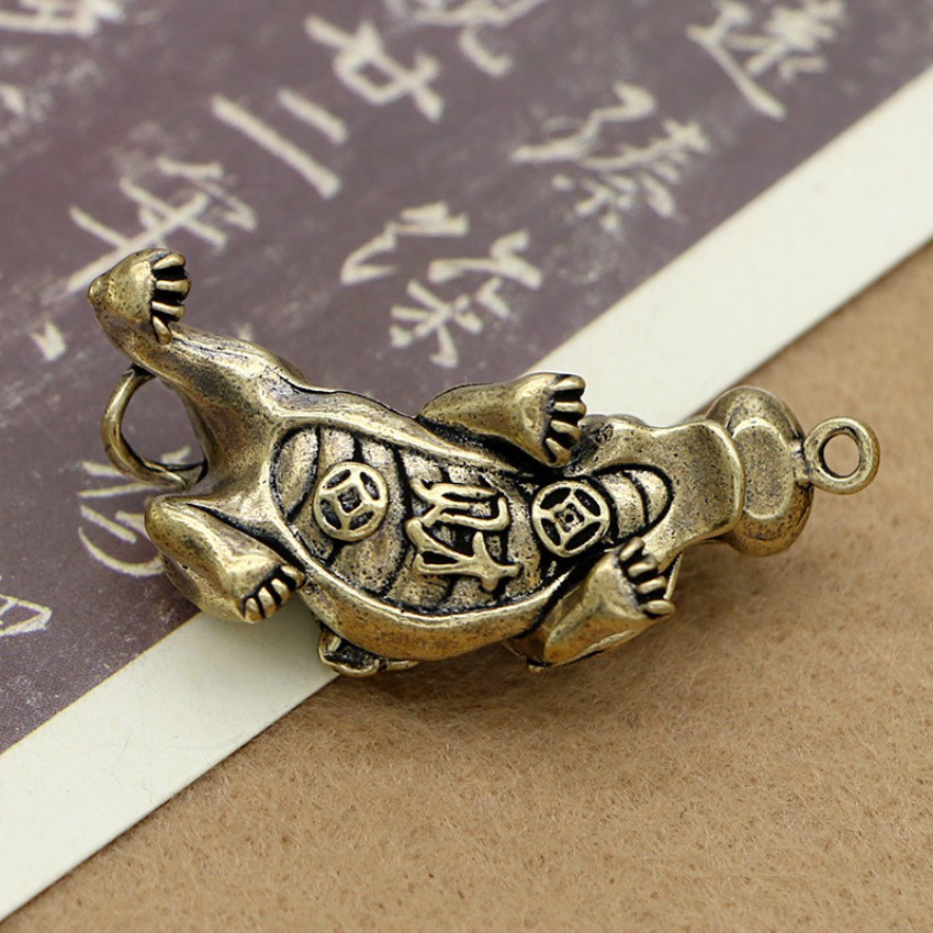 Phong Thủy- Móc Khóa Mặt Dây Chuyền Bằng  Đồng Thau Nguyên Chất Hình Tỳ Hưu Ngậm Tiền-May Mắn - Tài Lộc