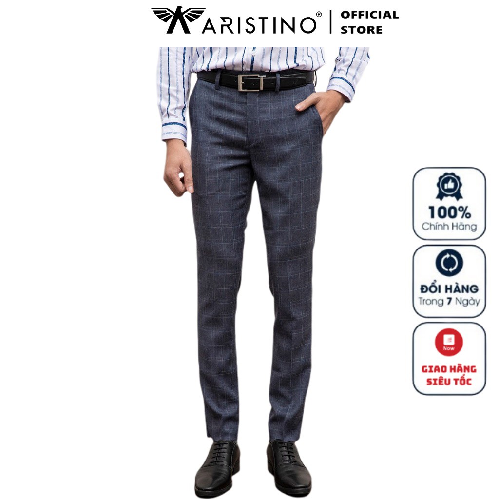 Quần Tây Nam Aristino ATR02301 Quần Âu Nam Màu Xanh Tím Than 16 Kẻ Dáng Slim Fit Vải Polyester