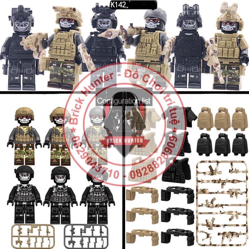 Army swat K 142 minifigures Bộ 6 lính đặc nhiệm ghost trang bị vũ khí hiện đại