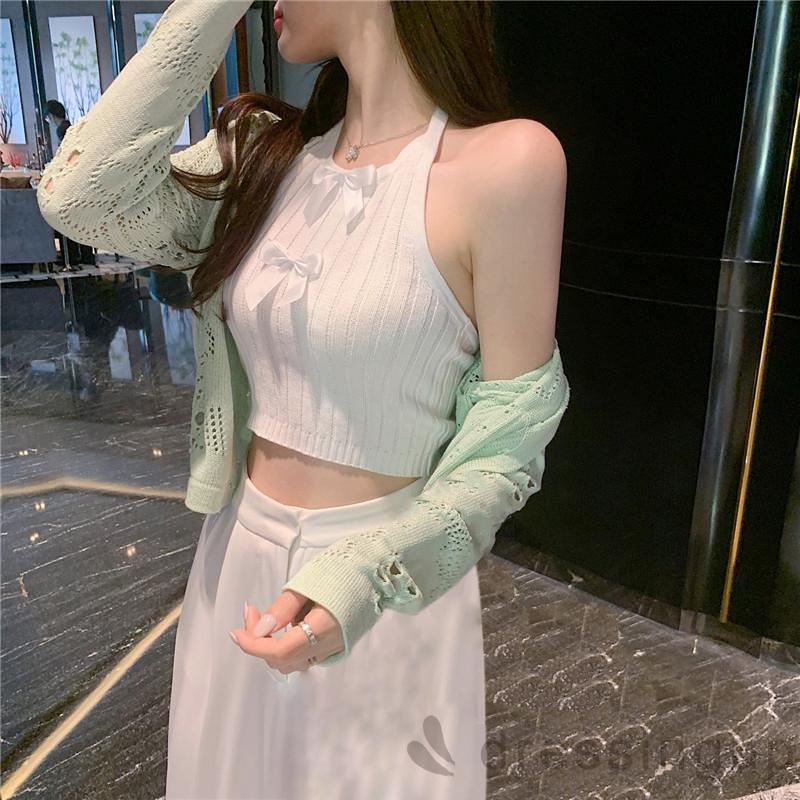 Áo Tank Top Dệt Kim Cổ Yếm Hở Lưng Đính Nơ Thời Trang Mùa Hè Cho Nữ