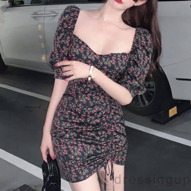 Đầm kiểu ngắn nữ tay lỡ hở lưng đan dây cúp ngực dây rút hoa nhí ôm sát body - Order taobao quảng châu
