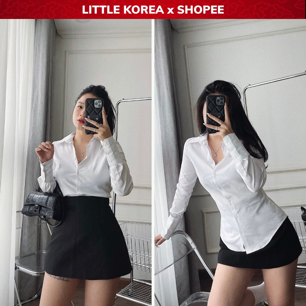 Áo Sơ Mi Nữ Màu Trắng Basic Form Rộng Dáng Suông Tay Dài Thời Trang Kiểu Công Sở - LITTLE KOREA