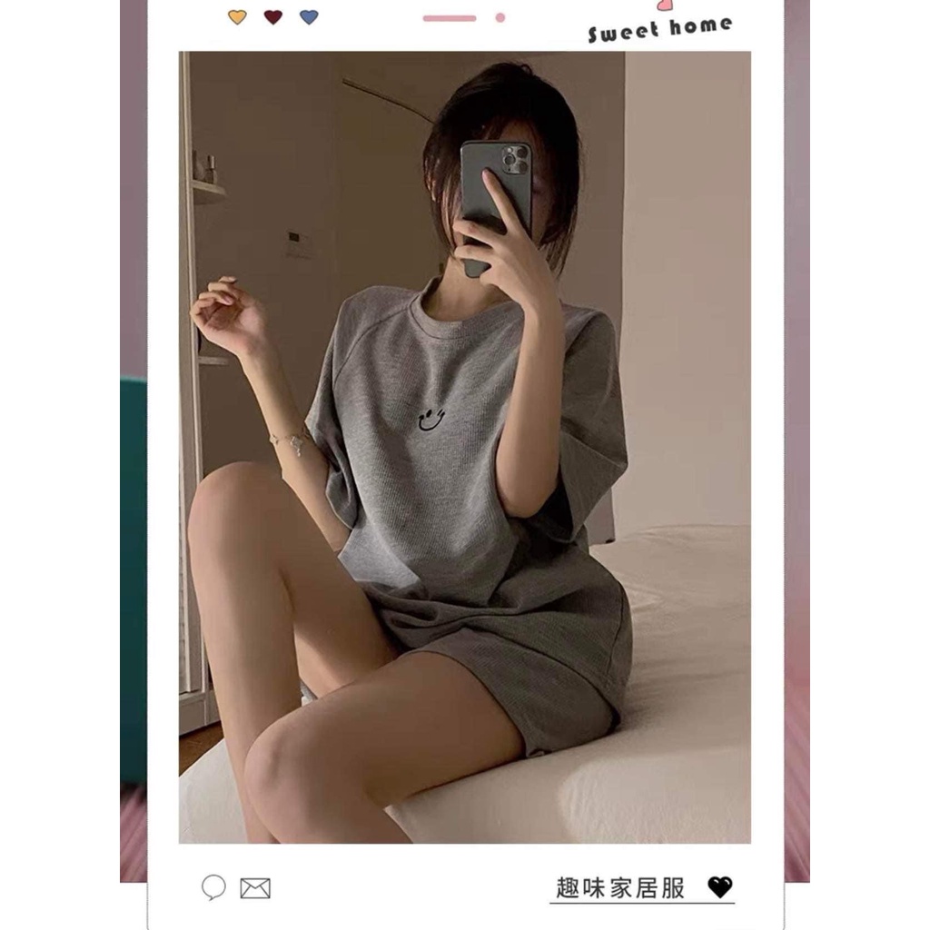 Set Đồ Bộ Xôp Tổ Ong Ngắn Tay Thêu Icon Mặt Cười Dáng Rộng Phong Cách Ulzzang  Kèm Ảnh Test Chất