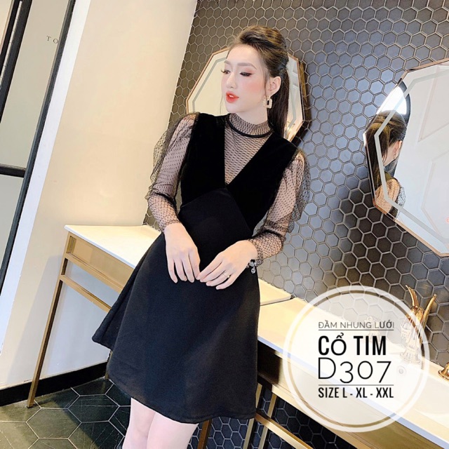 Bigsize Đầm nhung lưới cổ tim D307